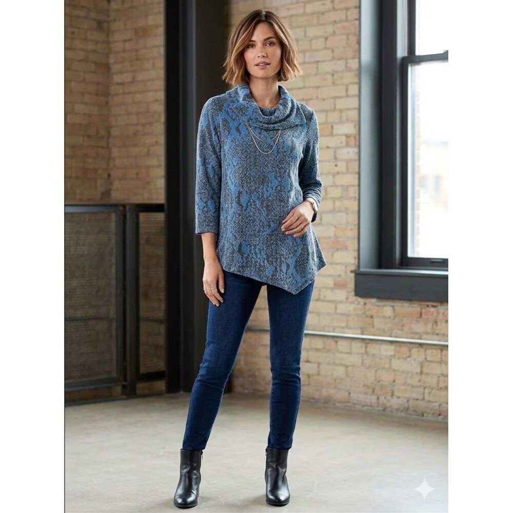 Ruby Rd. Petite Top Women's PXL Blue Snakeskin Print Chenille Knit Cowl Neck